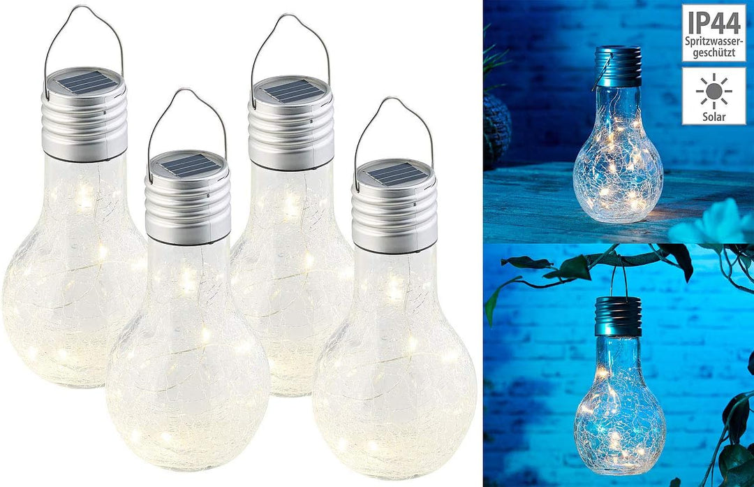 Lunartec Solar Glühbirne: 4er-Set Deko-LED-Glühbirne im Crackle-Glas-Design, Dämmerungs-Sensor (LED-