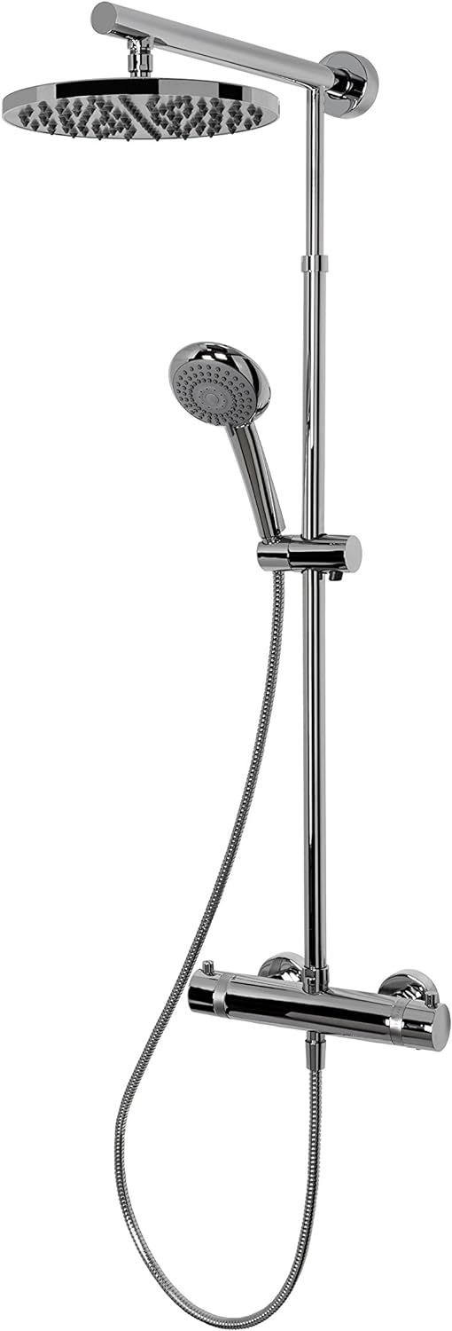 Schulte Duschsystem mit Sicherheits-Thermostat, Kopfbrause rund, Chrom, Korpus aus Messing, Duschmas