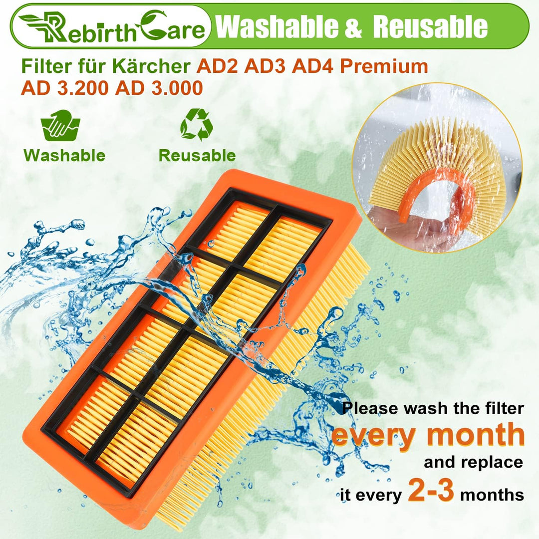 Rebirthcare 2 Stück KFI 7420 Flachfaltenfilter für Kärcher AD2, AD2 Battery, AD4 Premium, AD3 Premiu