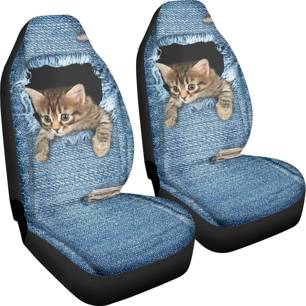 Chaqlin Cute Denim Cat Universal Autositzbezug 2er-Set Front Auto Auto Zubehör Protector Case Bag fü