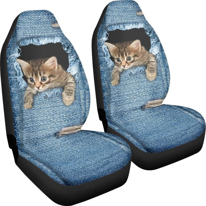 Chaqlin Cute Denim Cat Universal Autositzbezug 2er-Set Front Auto Auto Zubehör Protector Case Bag fü