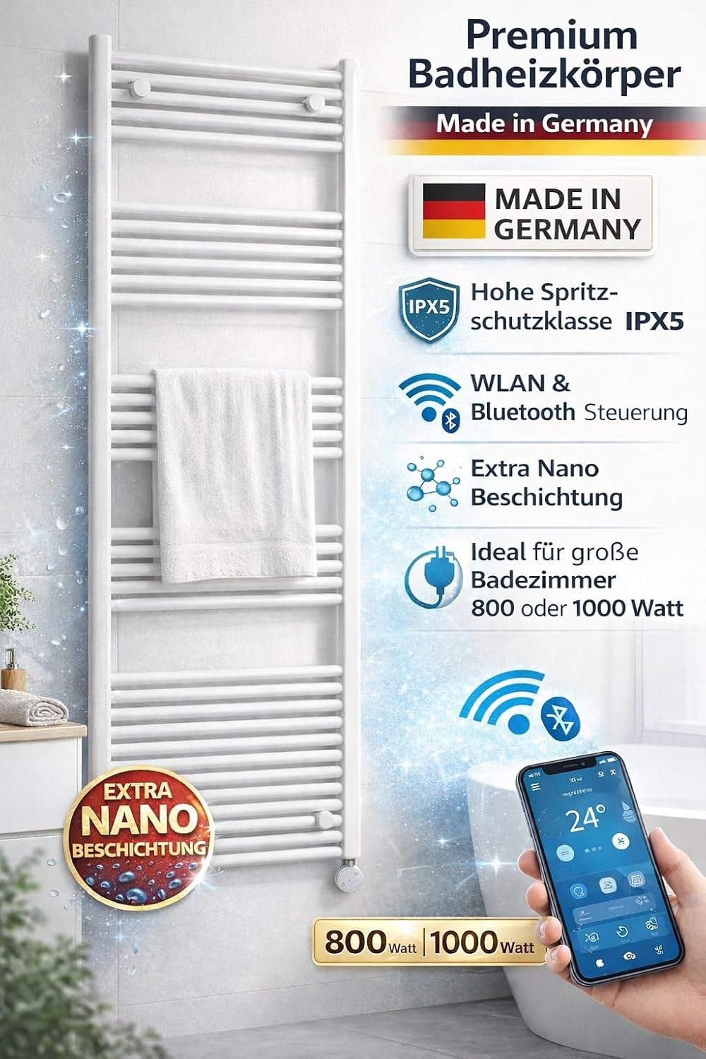 anapont WiFi und Bluetooth elektrischer Badheizkörper 1175x750 | Handtuchheizkörper, Badheizung elek