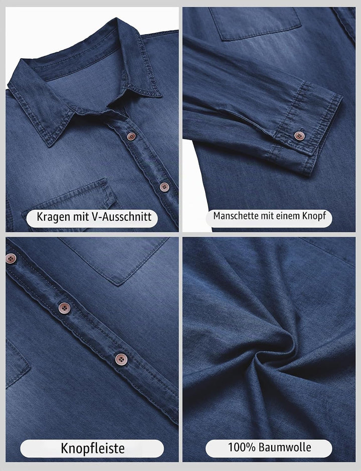 Roskiky Jeanshemd Damen Bluse Damen Western Hemden Tunika Damen Langarm Button Down Oberteile Damen