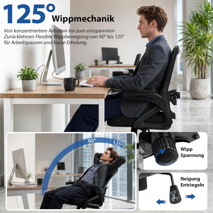 Bürostuhl Ergonomisch, Schreibtischstuhl mit Verstellbarer 4D Lendenwirbelstütze, Drehstuhl mit Klap