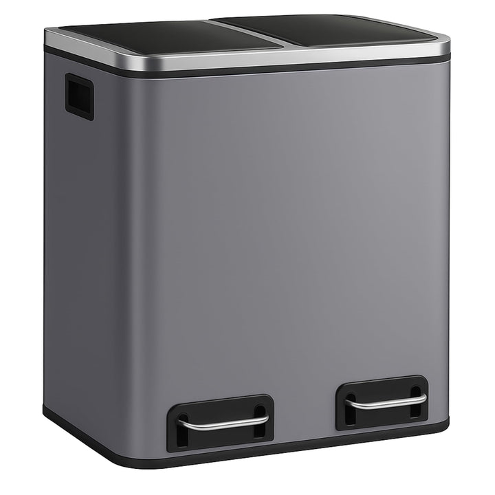 casa pura Mülleimer Küche 2×15L Grau | 2-Fach Mülltrennung, Treteimer Küche, Metall, Soft-Close, luf