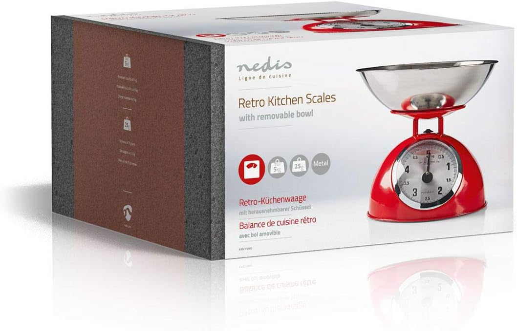 Nedis KASC110RD Küchenwaage - Analog - 5 kg Kapazität - Edelstahl - Glänzendes Design - Analog Küche