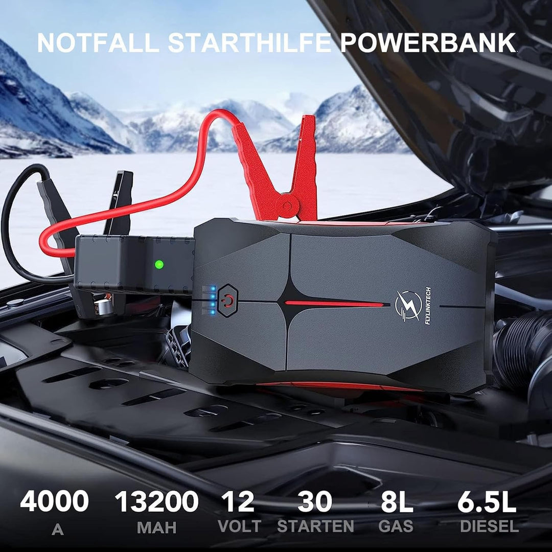 FLYLINKTECH Starthilfe Powerbank, 2000A Spitzstrom 13200mAh Tragbare Auto Starthilfe 12V für 6.0L Be