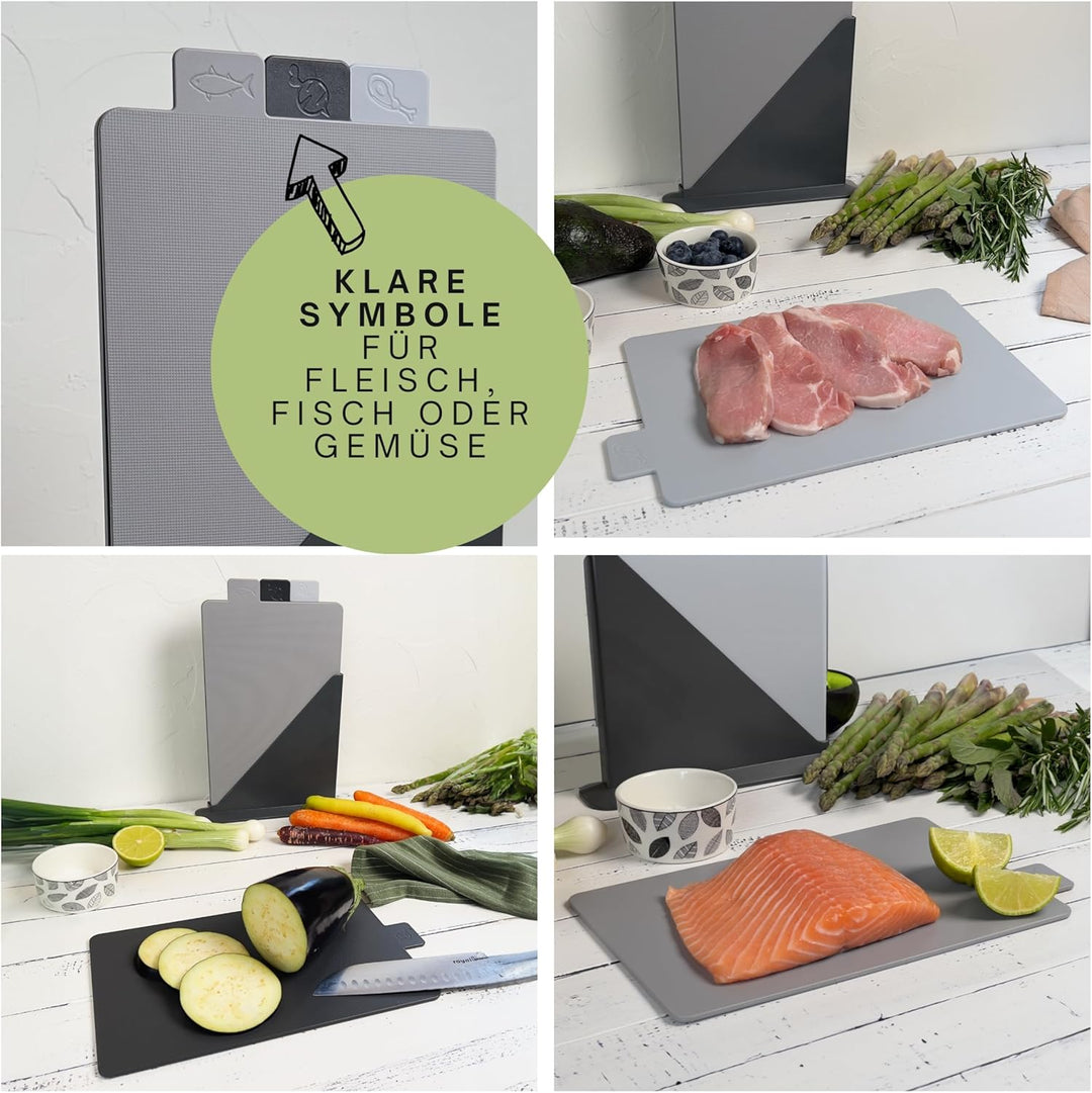 Schneidebrett Kunststoff 3er Set mit Ständer grau, drei Hackbretter spülmaschinenfest (je 28x18,5 cm