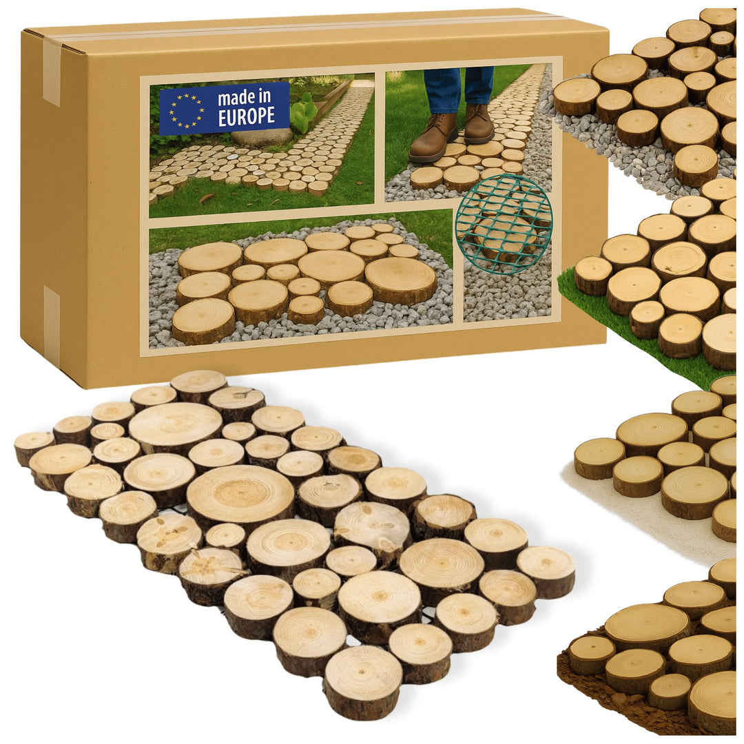 Gehweg Gartenweg aus Holz, 2 Module, Gartentritt, Trittplatten, Holzscheibe, Holzscheiben, Weg Holzp
