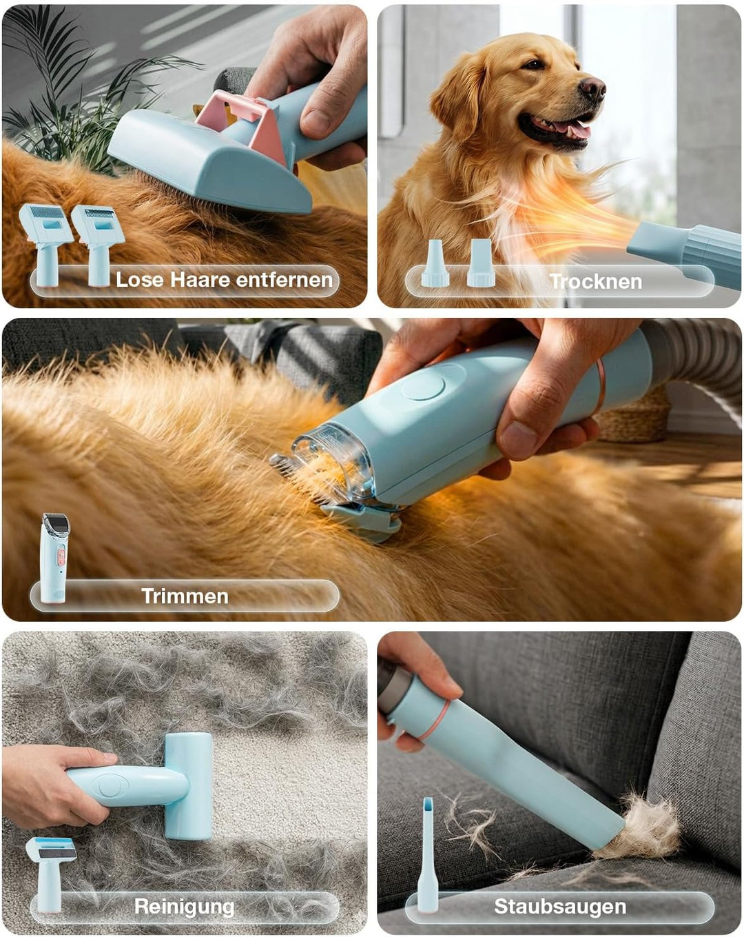 Hundeschermaschine mit Staubsauger, 7-in-1 Tierpflege Set mit 11000 Pa Saugkraft, Leise Fellpflegege