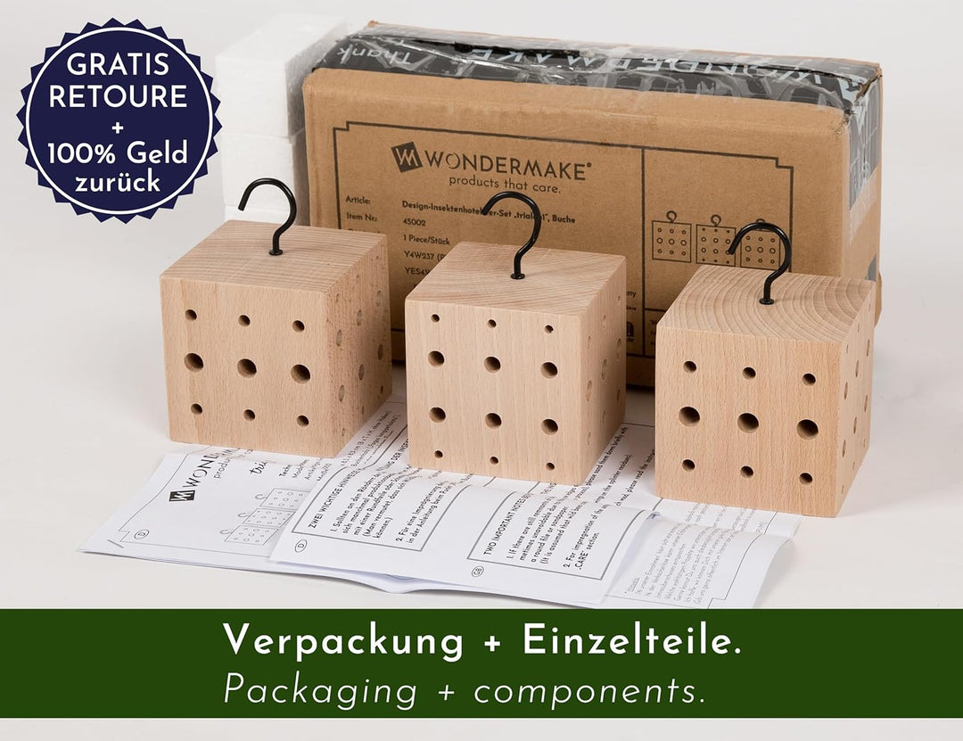 WONDERMAKE® 3er Set: Design Insektenhotel klein, Kubus aus Buche-Holz mit 3X 42 Nistplätzen, Bienenh