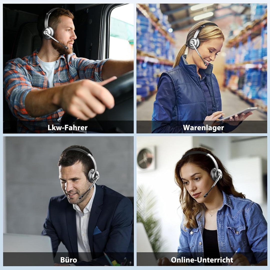 Bluetooth Headset mit Mikrofon，Kabelloses Headset mit USB Dongle & Ladestation, Wireless Office Head