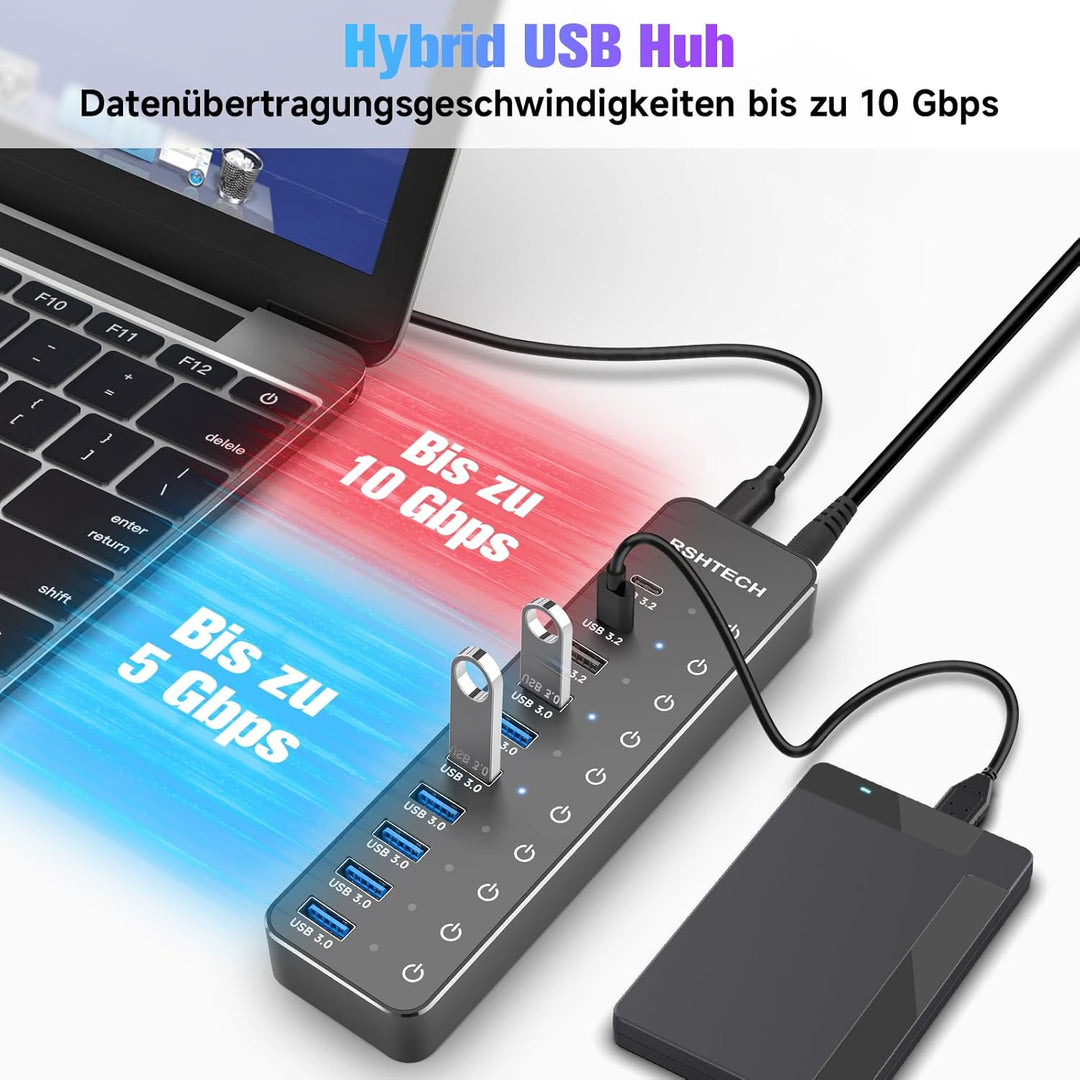 RSHTECH USB Hub 3.2 Aktiv mit Netzteil - Mit 3 10Gbps USB 3.2 und 7 5Gbps USB 3.0 - Insgesamt 10 Por