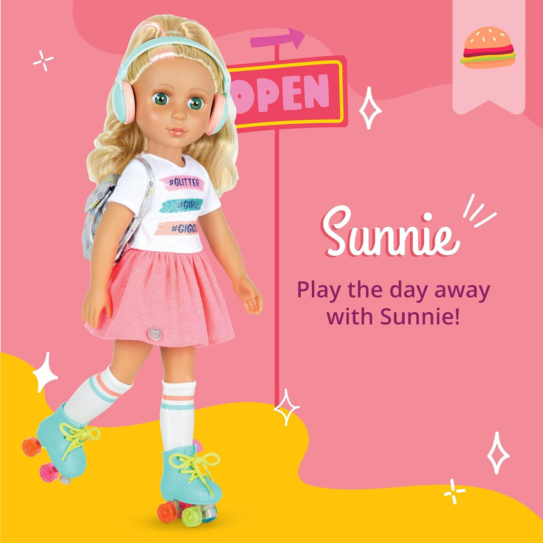 Glitter Girls Deluxe Puppe Sunnie – Bewegliche 36 cm Puppe mit Rollschuhen, Puppenkleidung, Zubehör