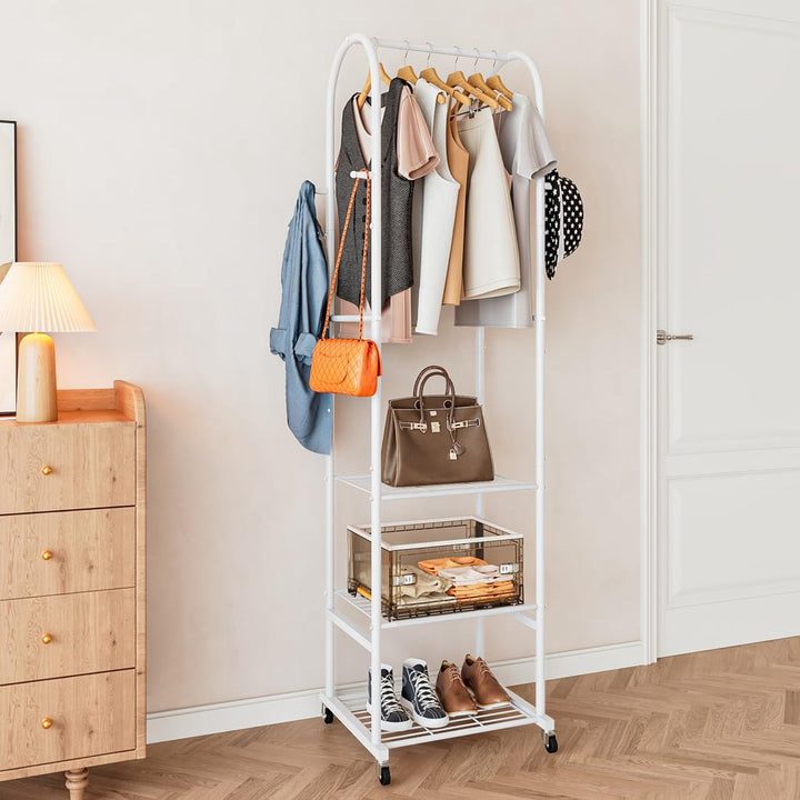 Kleiderständer mit Rädern und 3-stufigen Metallböden, Kleiderstangen zum Aufhängen von Kleidung mit