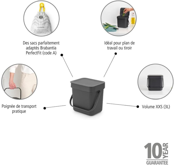 Brabantia Sort & Go Abfalleimer mit Deckel 3 L (grau), platzsparender Biomüll Behälter mit Griff, ab