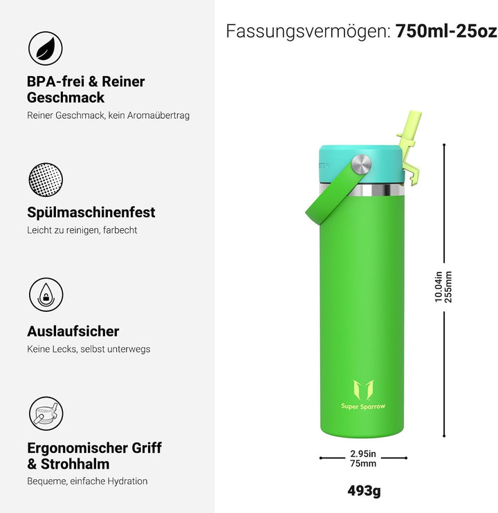 Sparrow Trinkflasche Edelstahl 750ml Thermosflasche mit Strohhalm Deckel | Isolierbecher Thermosflas