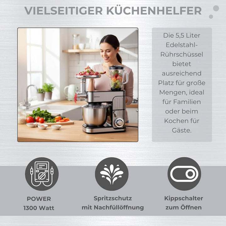 Syntrox Germany Küchenmaschine Zosma Fleischwolf & Mixer, Vielseitige Küchenmaschine, Platzsparende