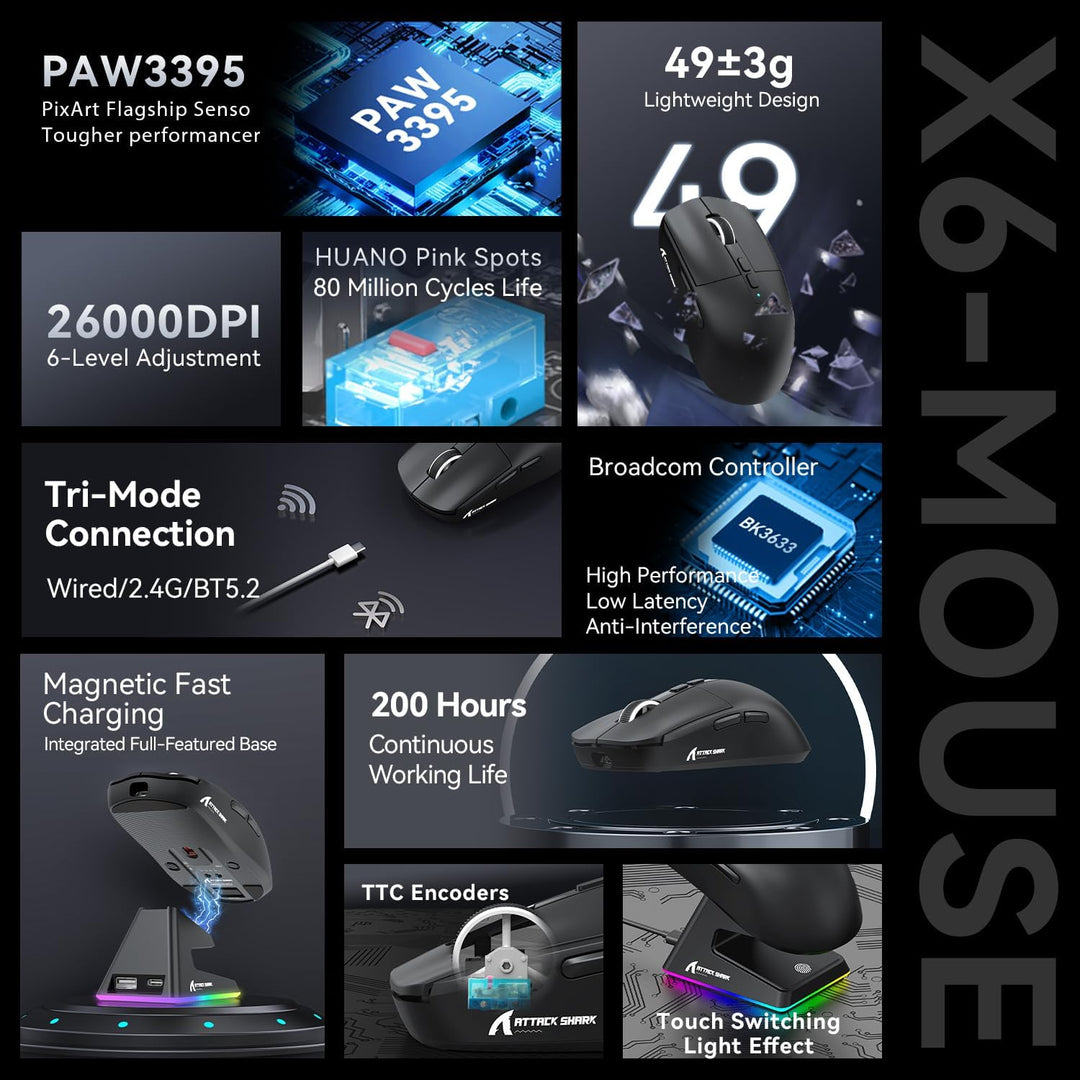 ATTACK SHARK X6 49g SUPERLIGHT Maus mit magnetischer Ladestation, PixArt PAW3395 Gaming-Sensor, BT/2