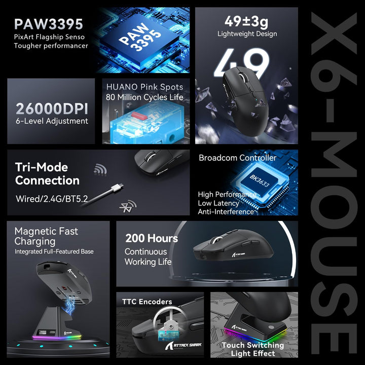 ATTACK SHARK X6 49g SUPERLIGHT Maus mit magnetischer Ladestation, PixArt PAW3395 Gaming-Sensor, BT/2