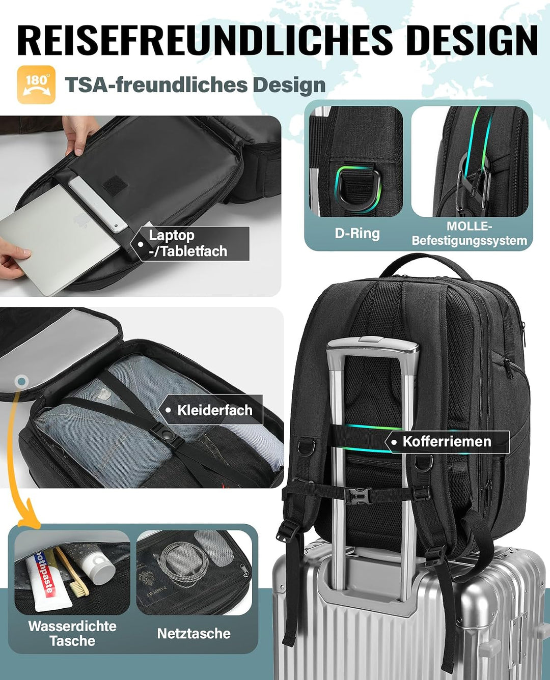 VANKEV - Morph D Erweiterbarer Reiserucksack 30L bis 38L - Unterflur Handgepäck Rucksack für EasyJet