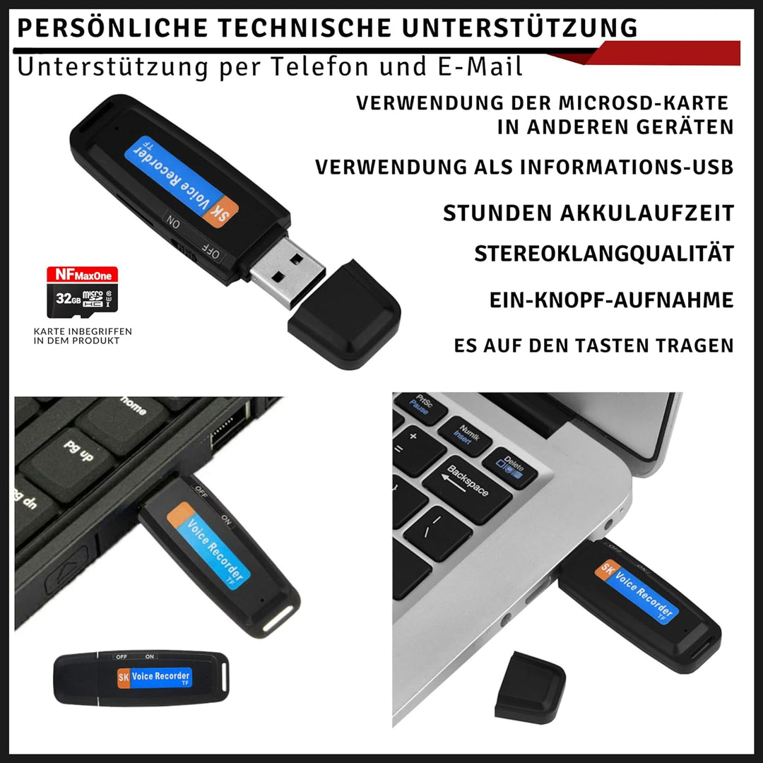 Voice Recorder, Mini-Sprachrekorder, tragbar, 32 GB, USB-Audioaufnahme, ideal für Meetings, Intervie