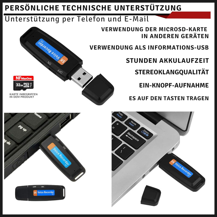 Voice Recorder, Mini-Sprachrekorder, tragbar, 32 GB, USB-Audioaufnahme, ideal für Meetings, Intervie