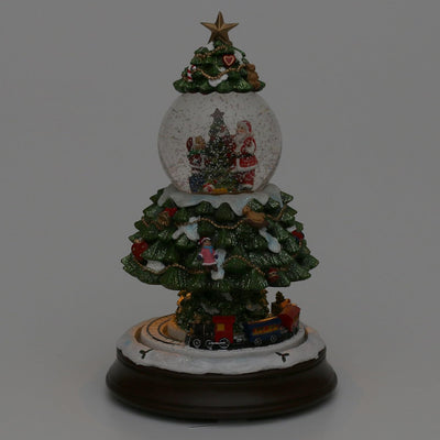Dekohelden24 XXL Schneekugel, Weihnachtsbaum mit Eisenbahn und Schneewirbel, L/H/B 17 x 17 x 27,5 cm