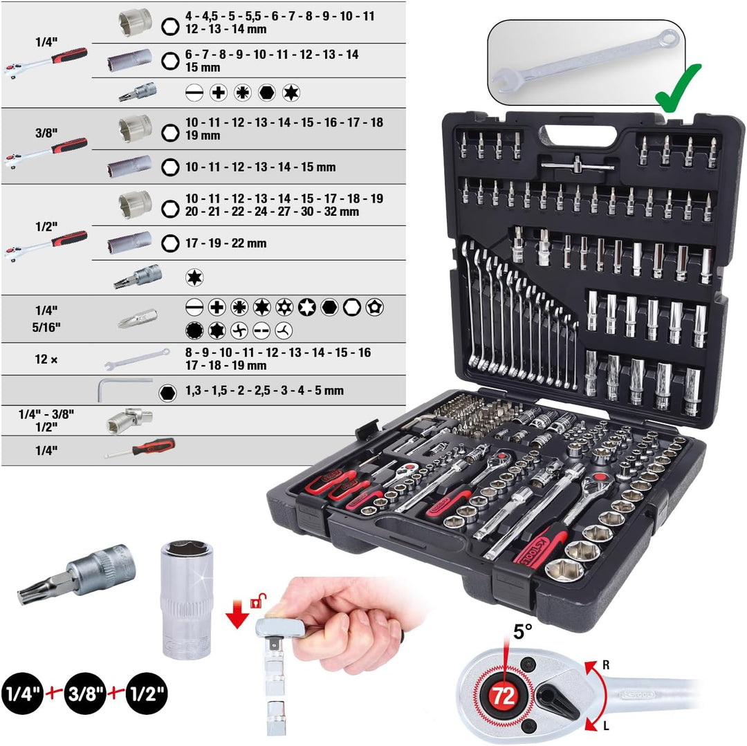 KS Tools 918.0216 1/4"+3/8"+1/2" CHROMEplus Steckschlüssel-Satz, 216-tlg 216-tlg. Hochglanz verchrom
