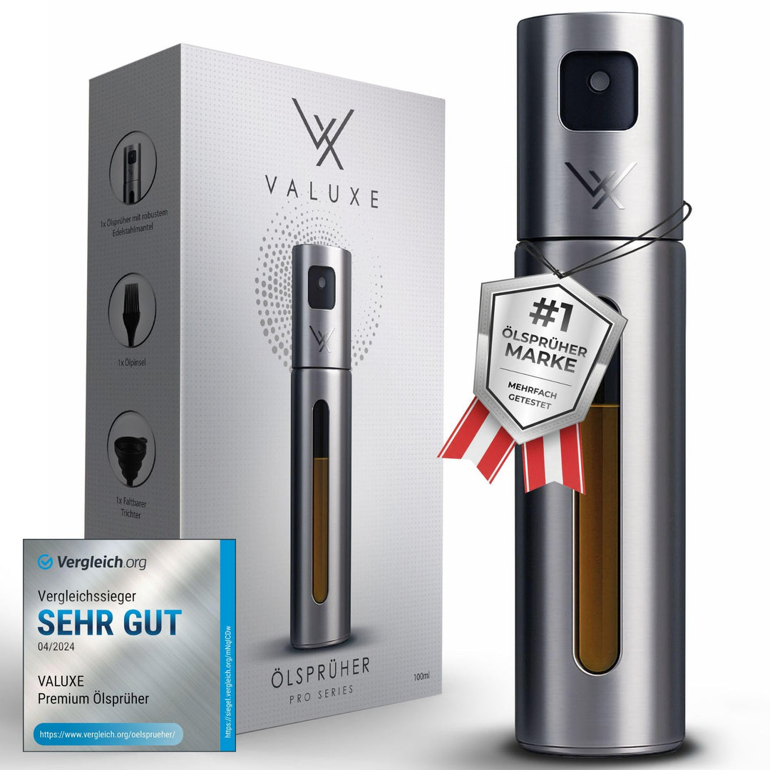 VALUXE® Ölsprüher für Speiseöl & Essig mit UV-Edelstahlmantel & Sprühfilter - Edelstahl Öl-Sprühflas