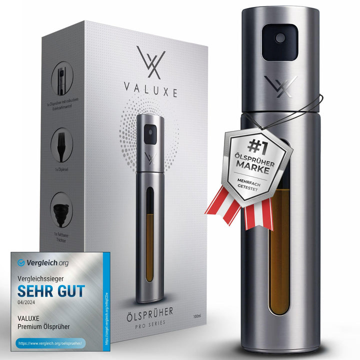 VALUXE® Ölsprüher für Speiseöl & Essig mit UV-Edelstahlmantel & Sprühfilter - Edelstahl Öl-Sprühflas