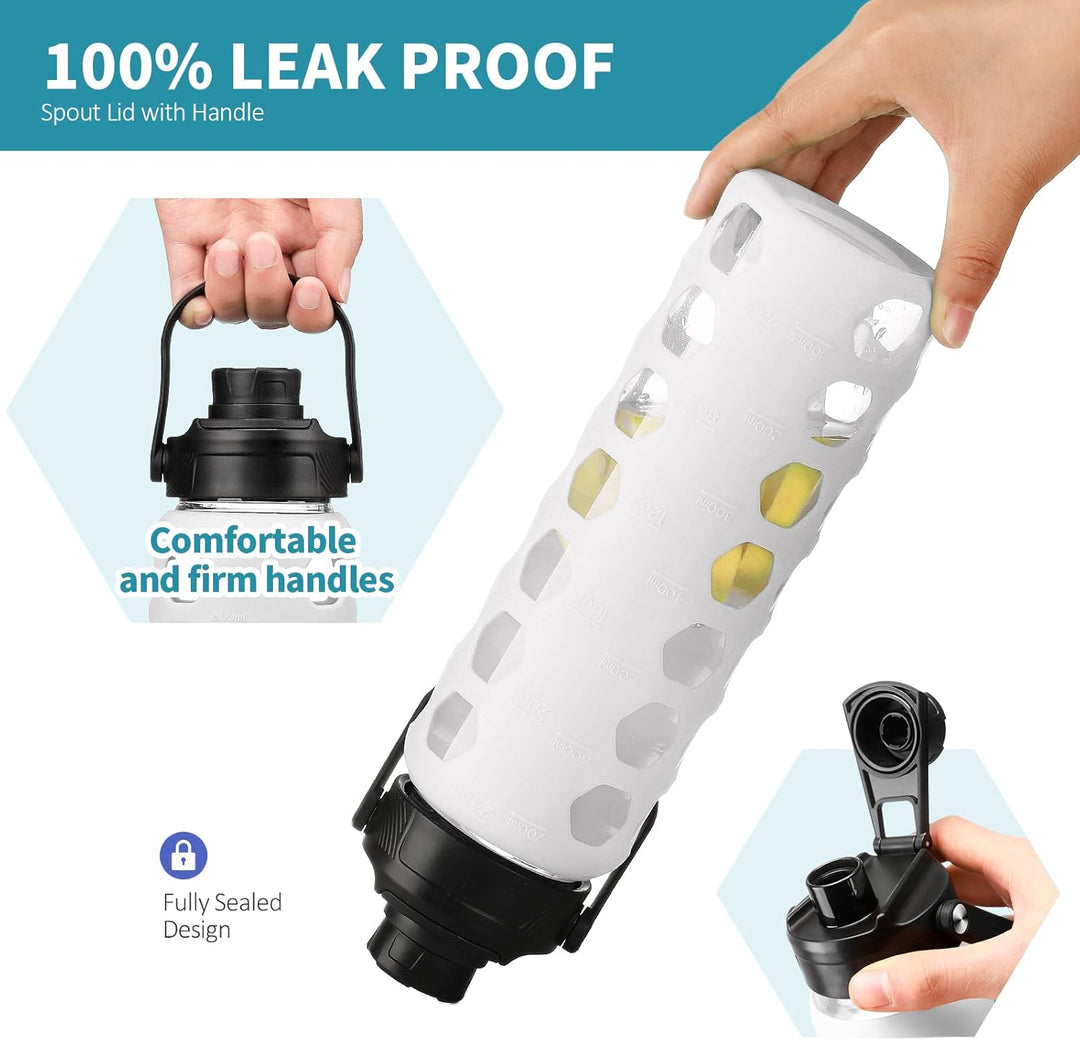 700ML Glaswasserflasche mit 2 Deckel Flip und Bambusstroh Deckel Sport Wasserbecher mit Zeiterinneru