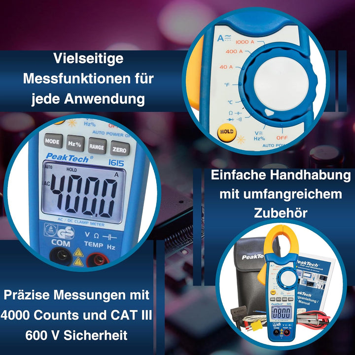 PeakTech 1615 – Zangenmessgerät 1000A AC/DC, Stromzange Multimeter, TÜV/GS, CAT III, Strommesszange,