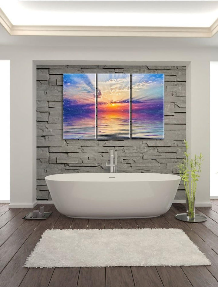 Pixxprint Einzigartiger Sonnenaufgang im Meer Bunstift Effekt 3-Teiler Leinwandbild 120x80 Bild auf