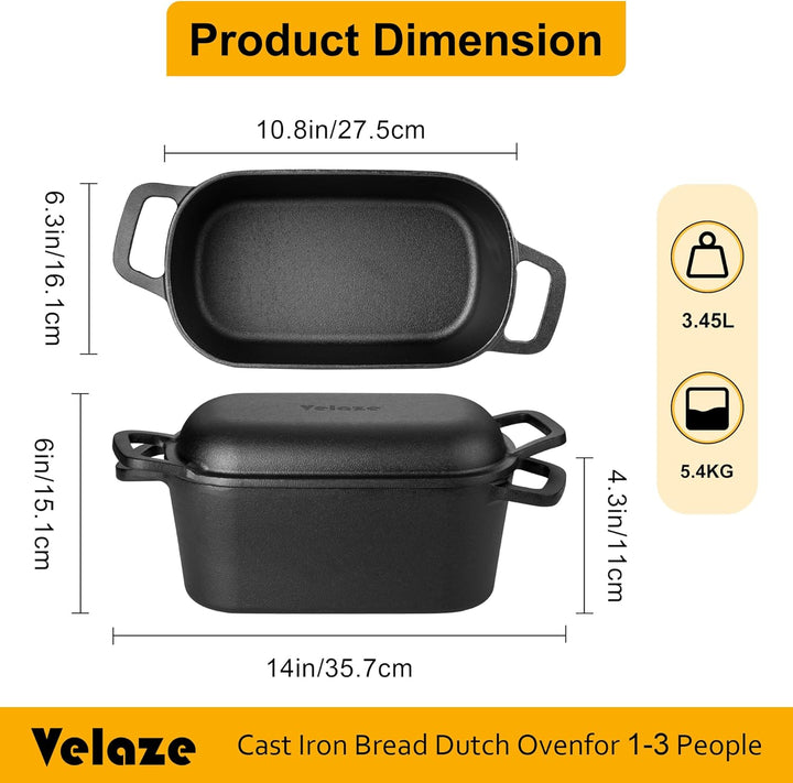 Velaze Quadrat Gusseisen Bräter mit Deckel Backofengeeignet – 28cm Schmortopf mit Deckel, Gusseisen-