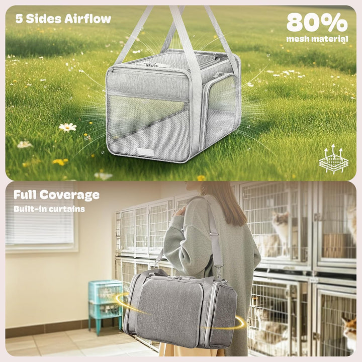 Top and 2 Sides Expandable Pet Carrier 17x11x9.5, TSA Airline Approved Small Dog Carrier for Small D