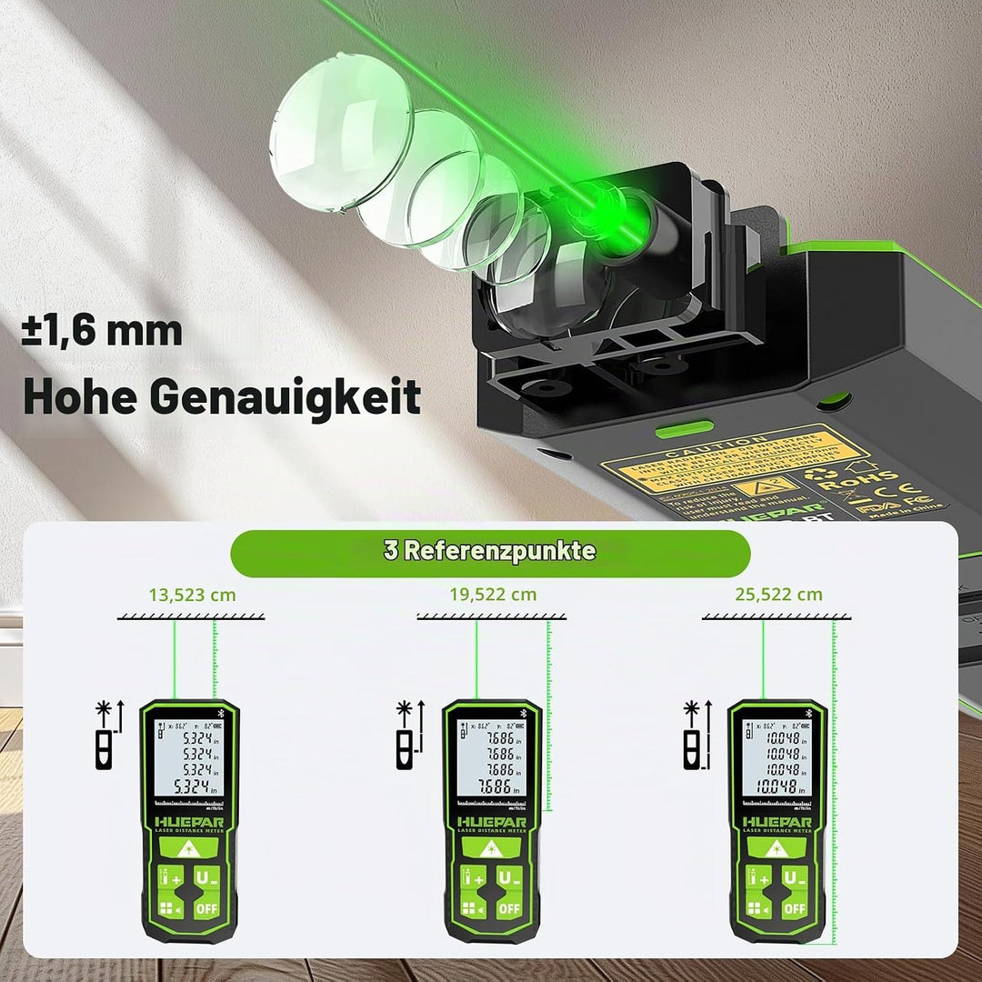 120 m Bluetooth-fähiges grünes Laser-Entfernungsmessgerät mit Winkelsensor, Huepar Laser-Entfernungs