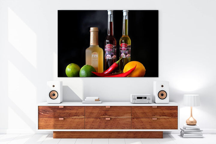 deyoli Dark bunte Lebensmittel mit Essig im Format: 80x60 als Leinwandbild, Motiv fertig gerahmt auf