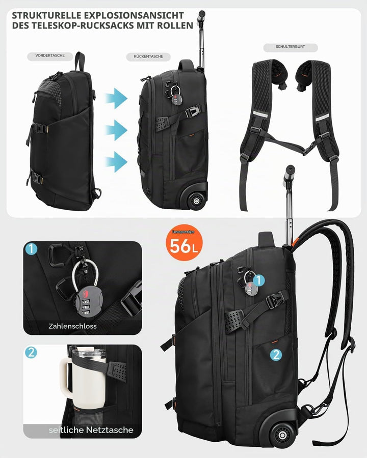 Rucksack mit Rollen 2 in 1 Abnehmbarer Rollrucksack Handgepäck– Wasserabweisend Rucksack Trolley mit