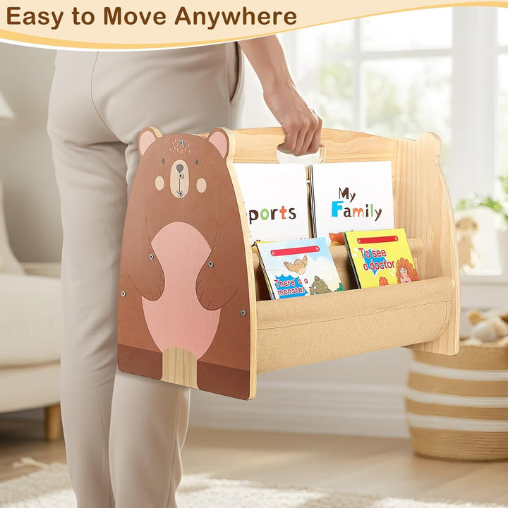 MHJY Bücherregal Kinder, doppelseitiges Holzregal mit robusten Canvas-Taschen, Montessori Stil, trag