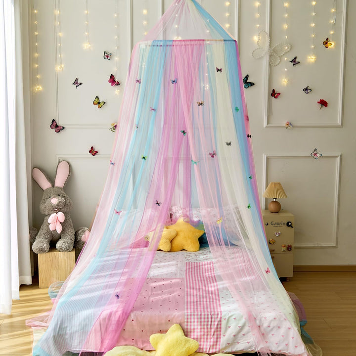Regenbogenbett Vordach mit Schmetterlingen für Mädchen,Atemaktiver Vordach für Bett,Prinzessin Spiel