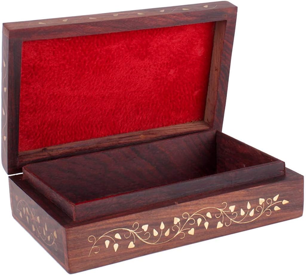 Ajuny Wooden Decorative Jewelry Storage Keepsake Box Organiser with Mughal Inspired Brass Inlay-8x5