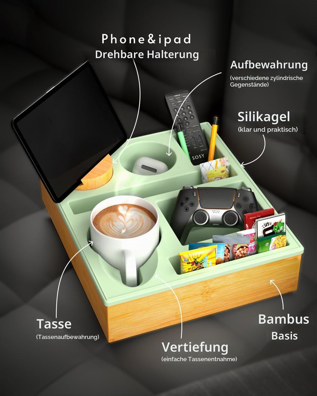 Couchbar Snackbox Silikon sofatablett mit 360 Grad Drehbar Handyhalter beistelltisch mit Holz Sofata