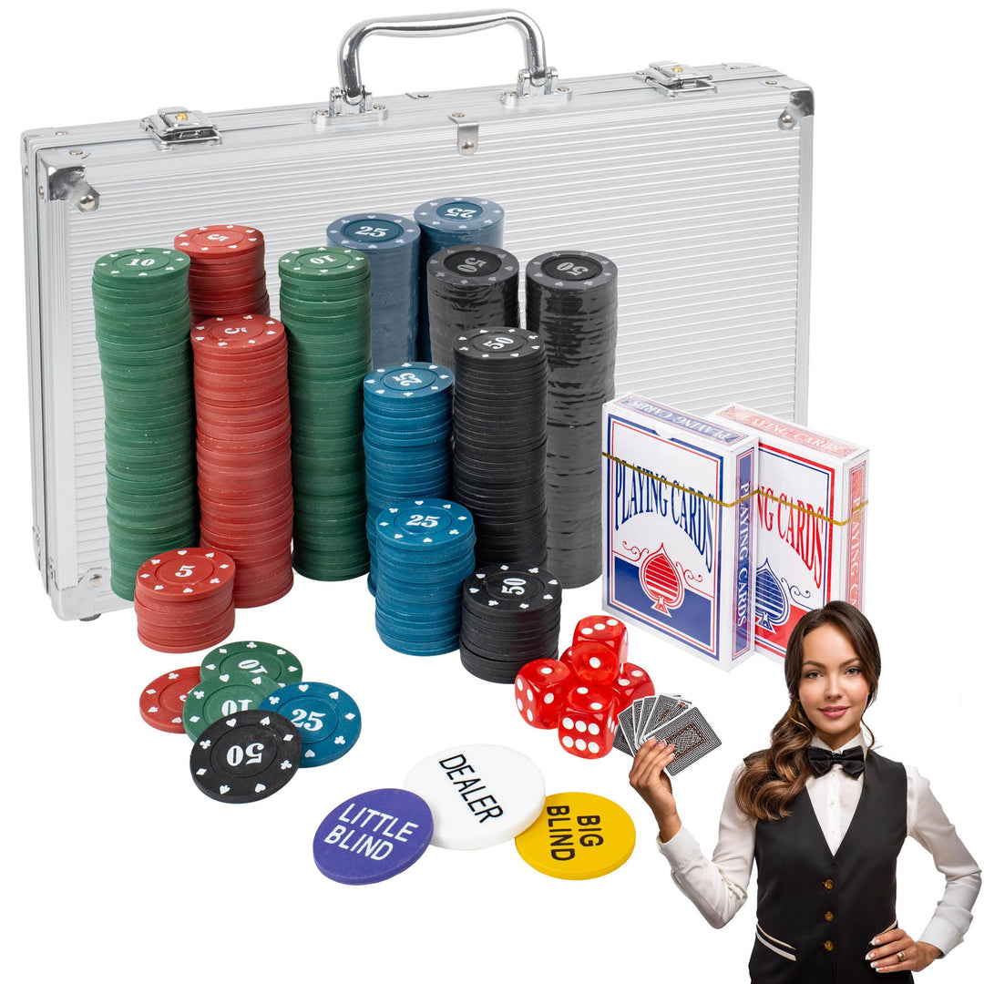 H&amp;F Heimtextilien Pokerkoffer Set 500 Chips – Komplettes Poker Spielset mit Karten Würfeln &amp; Dealer-