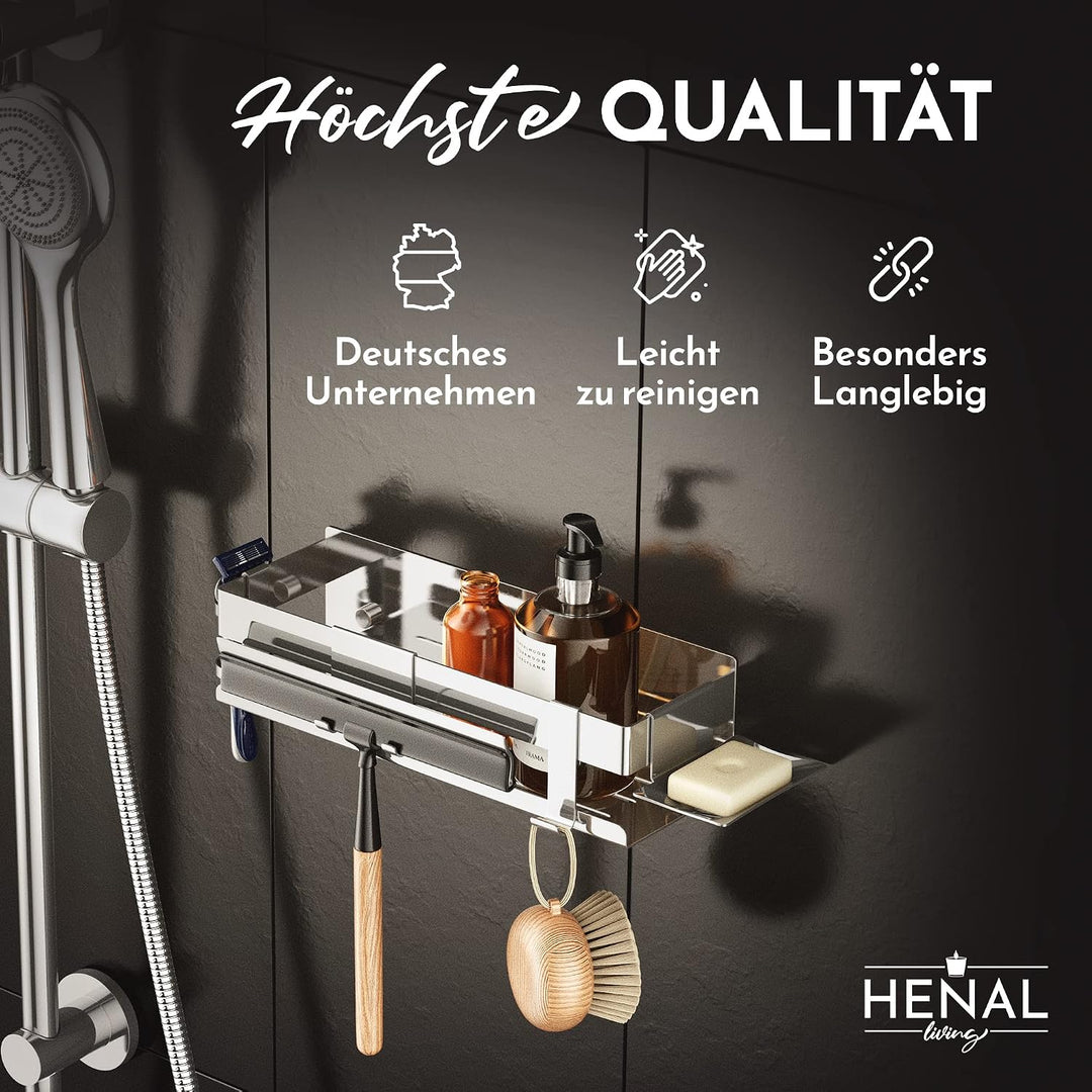 HENAL® Duschablage SET 5 in 1, Hochglanz Edelstahl-Duschablage ohne bohren, Duschregal inklusive Ras