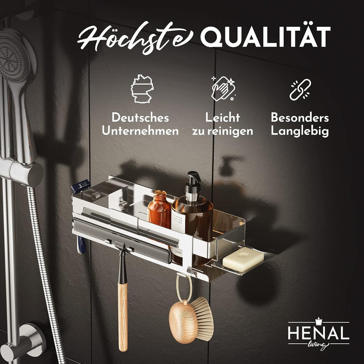HENAL® Duschablage SET 5 in 1, Hochglanz Edelstahl-Duschablage ohne bohren, Duschregal inklusive Ras