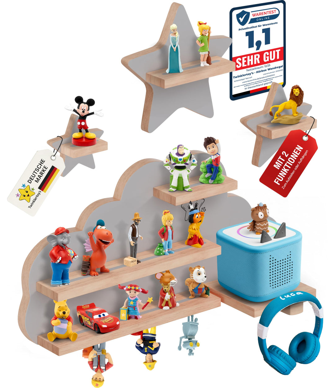 Twinklertoy’s Hörbox Wandregal aus Holz – mit magnetischer Halterung & zusätzlichen Sternen – für 30