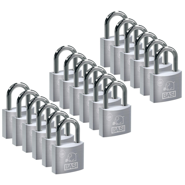 BASI | Vorhangschloss 18er Set | 30 mm | gleichschliessend | massives Aluminium-Gehäuse | gehärteter