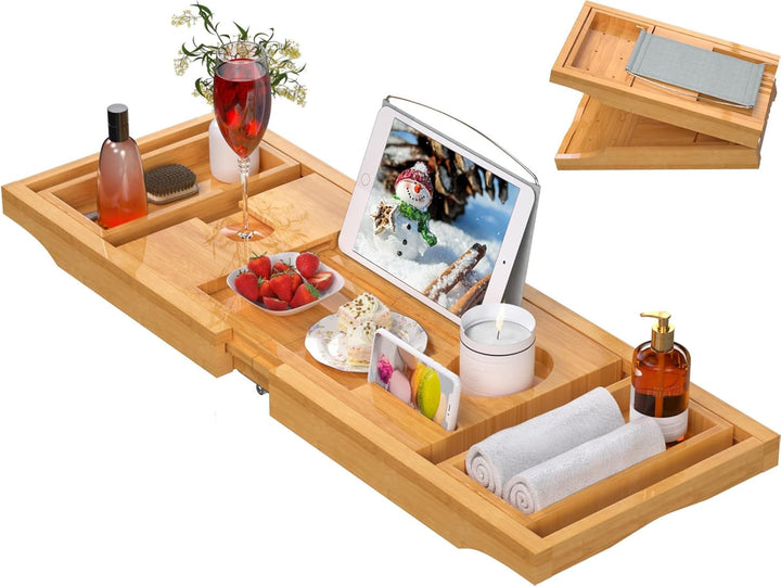 Badewannen-Caddy Tablett für Badewanne, faltbares Bambus-Badetisch-Tablett mit Buch und Weinglashalt