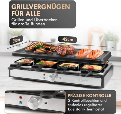 Bomann RG 6039 CB Raclette-Grill, Raclette für bis zu 8 Personen, zum Grillen und Überbacken, mit gr